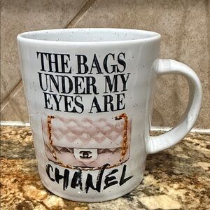 CHANEL (inspired) White Mug with Black Text and Pink Bag Design